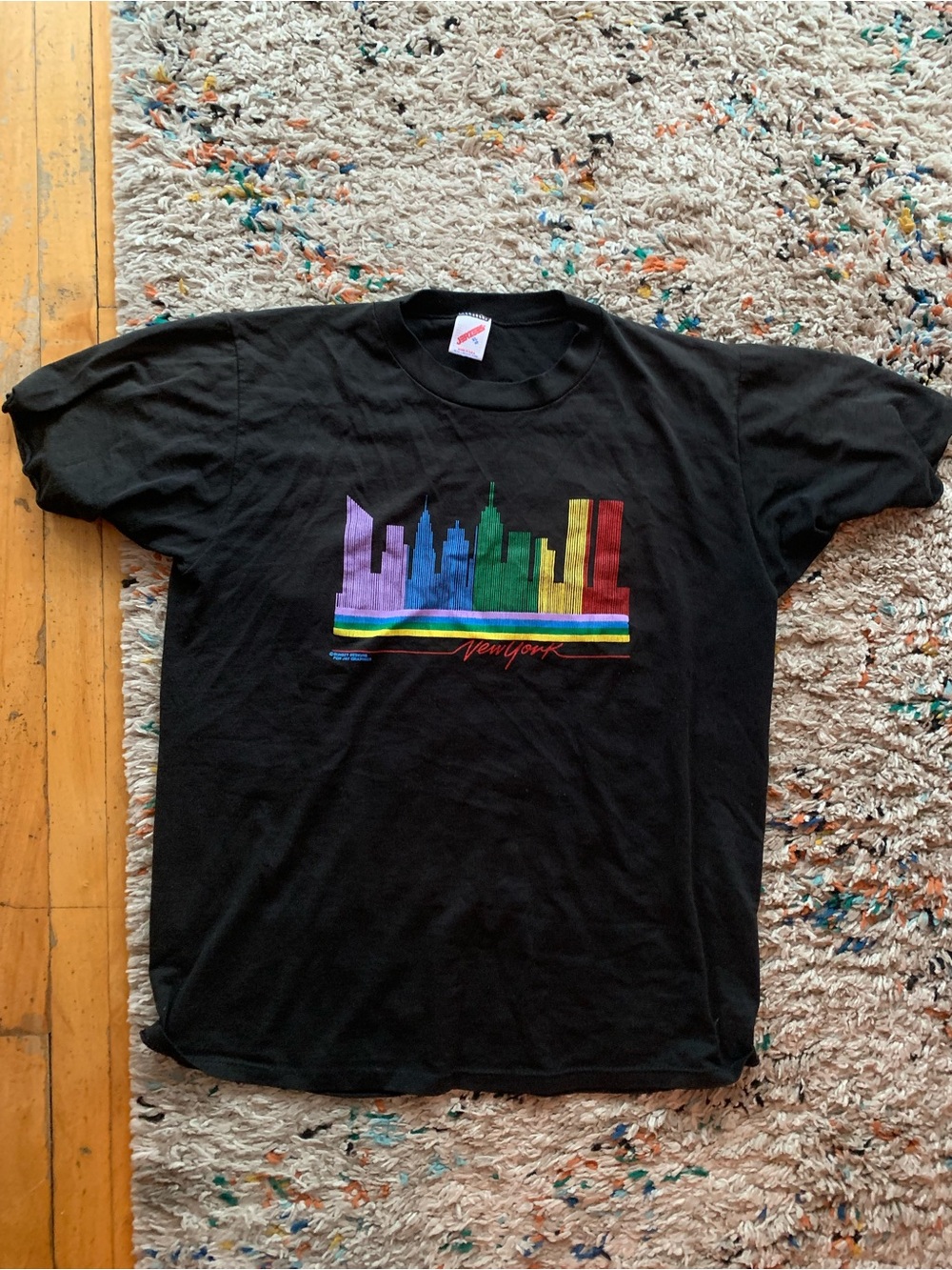 Jerzees Black T‑Shirt with Rainbow New York Skyline Graphic
